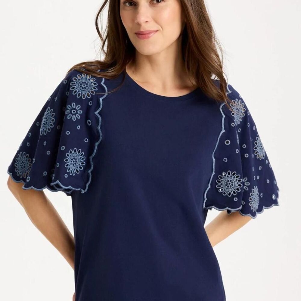 Chico's Navy Blue Boho Cotton Embroidered Scallop Short Sleeve Blouse Top XL